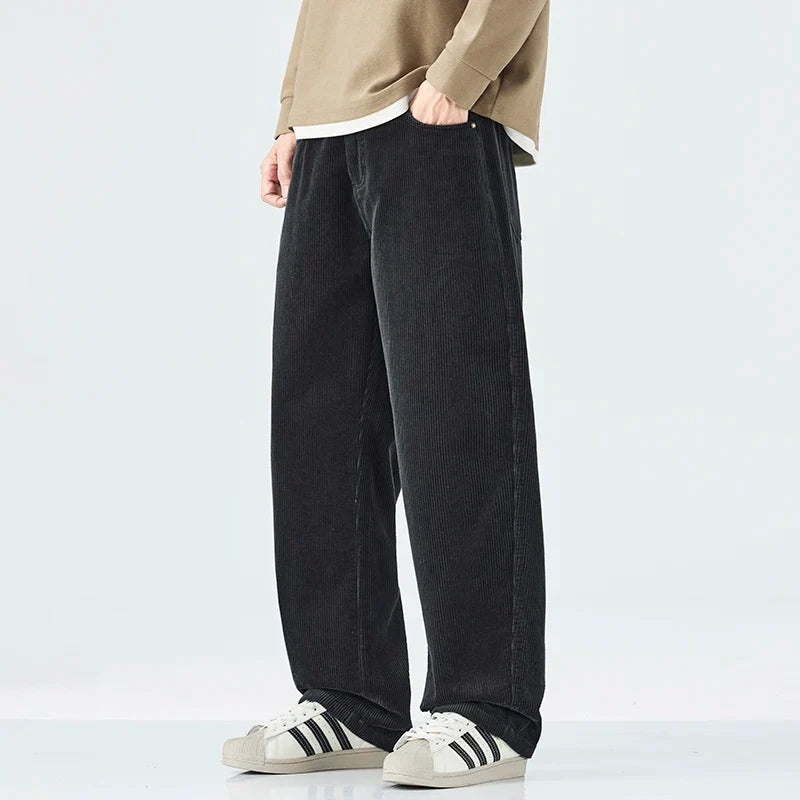 Men's striped corduroy pants loose fit elastic waistband casual warm relaxed silhouette