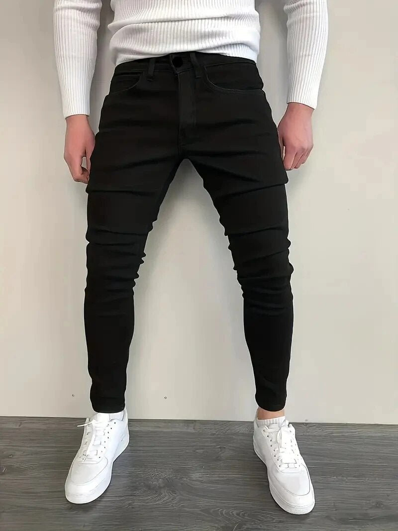 Men's stretch slim-fit jeans in classic blue, tear-resistant spandex blend for all-day flexible comfort