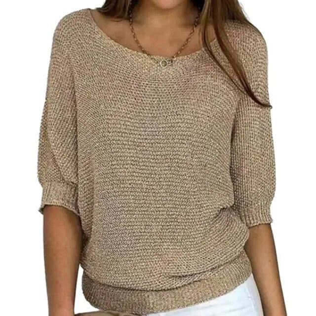 Women's lightweight knit sweater relaxed batwing sleeves wide neckline chic layering essential