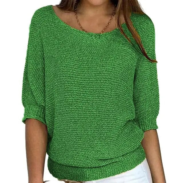 Women's lightweight knit sweater relaxed batwing sleeves wide neckline chic layering essential