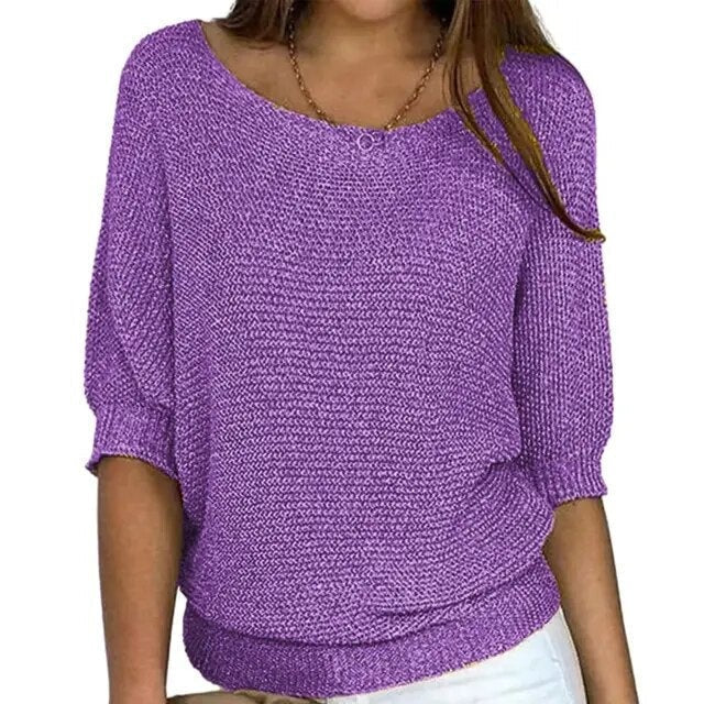 Women's lightweight knit sweater batwing sleeves relaxed fit wide neckline chic layering essential