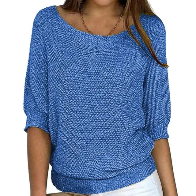 Women's lightweight knit sweater relaxed batwing sleeves wide neckline chic layering essential