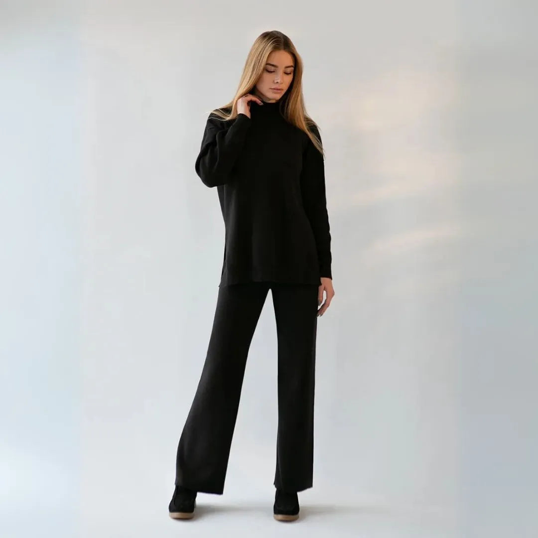 Women's knitted loungewear set mock neck pullover wide leg pants soft cozy elegant comfort fit