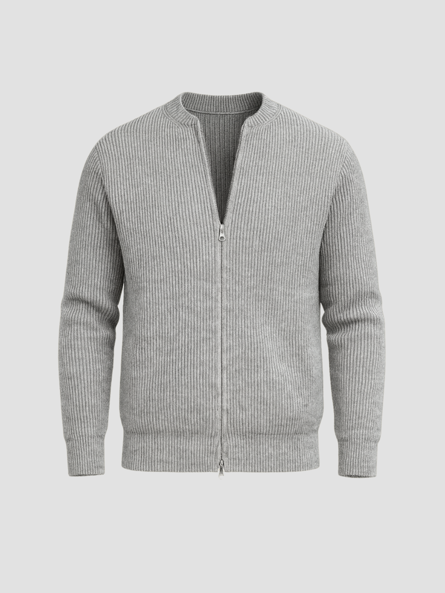 Women's gray soft knit zip-up cardigan minimalist design full-length zipper everyday comfort