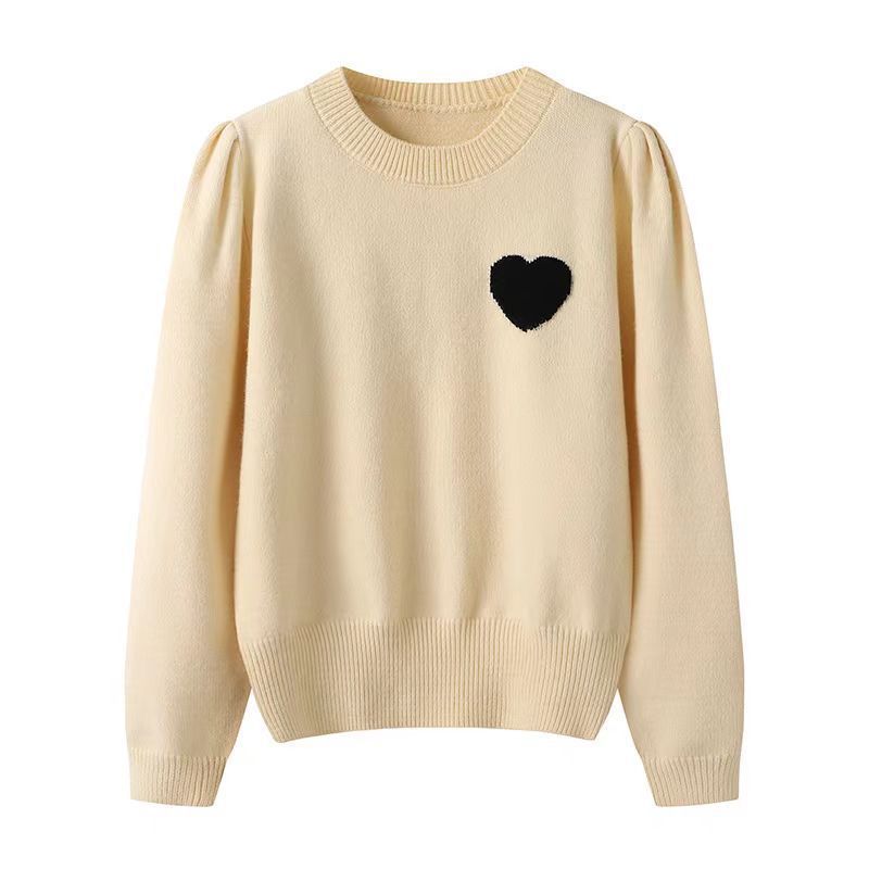 Women's cozy knitted sweater with romantic heart details, round neckline, soft everyday casual style