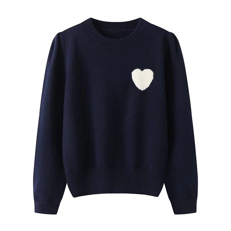 Women's cozy knitted sweater with heart details, round neckline, soft feminine everyday style
