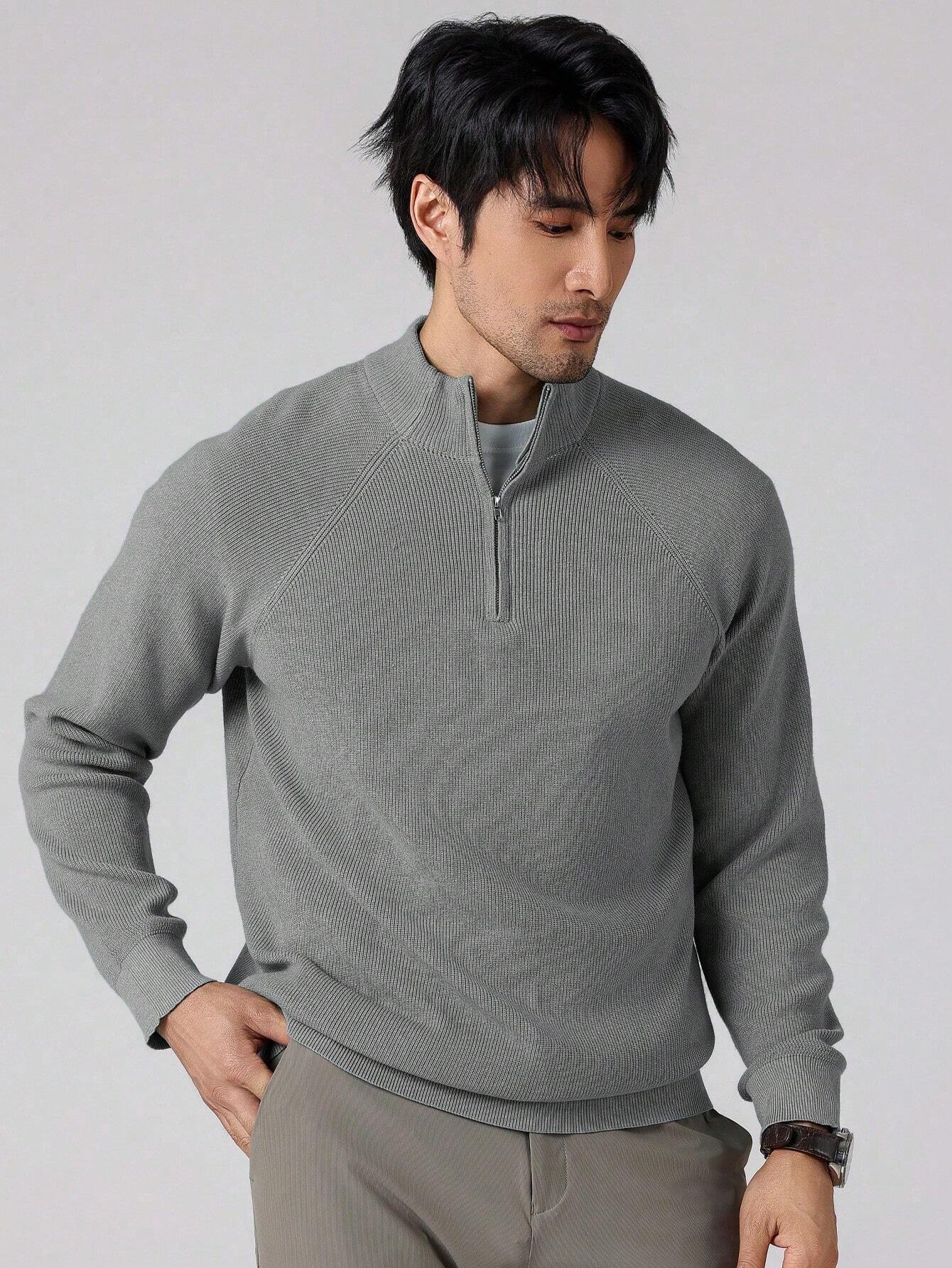 Men slim fit half-zip knit pullover sweater in solid color with classic collar for casual everyday wear