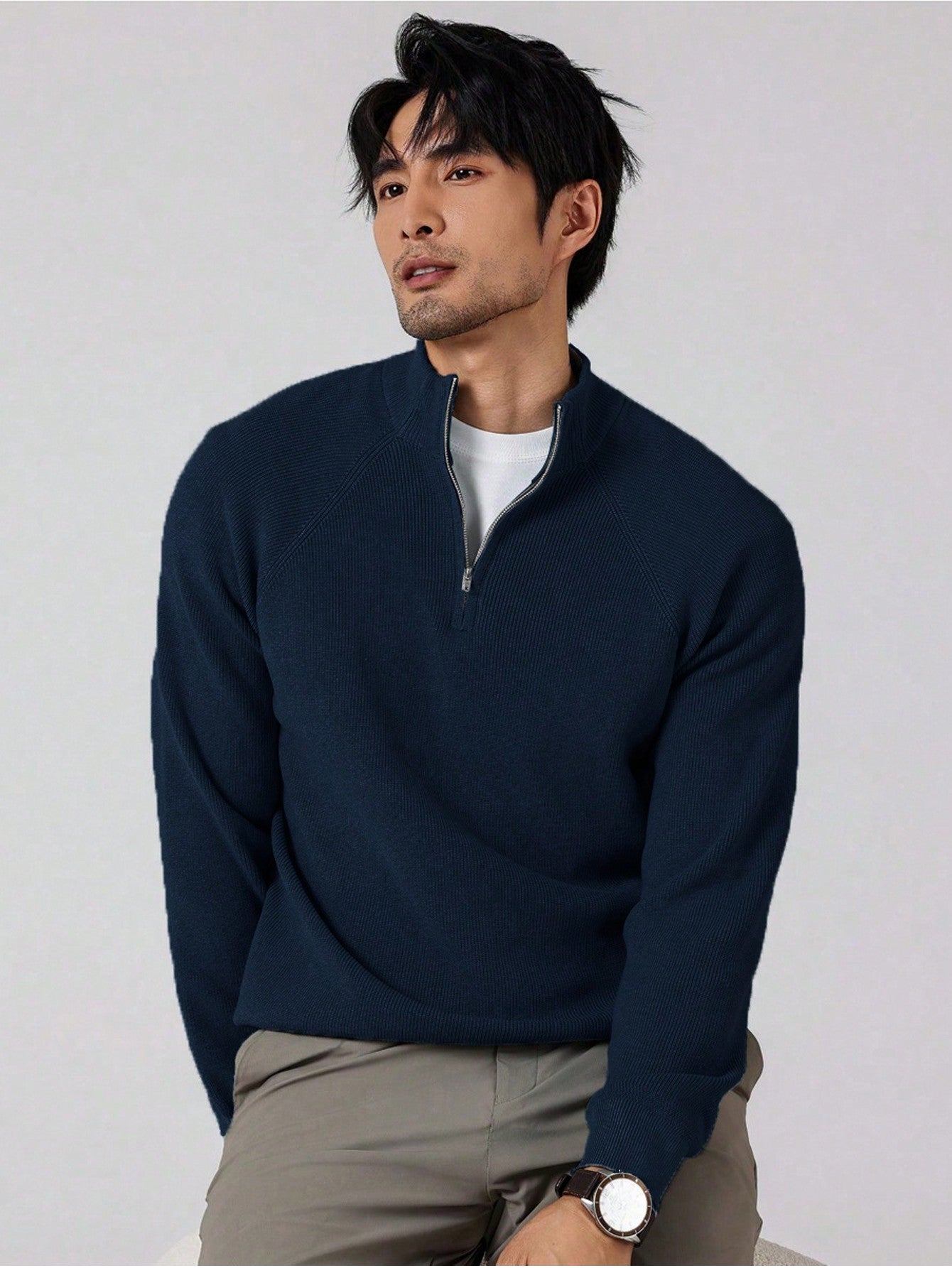 Men slim fit half-zip knit pullover sweater in solid color with classic collar for casual everyday wear