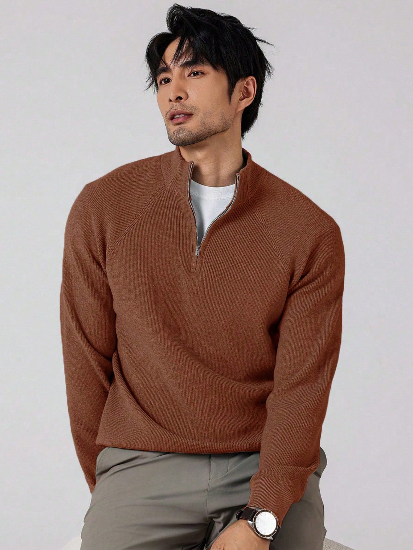 Men slim fit half-zip knit pullover sweater in solid color with classic collar for casual everyday wear