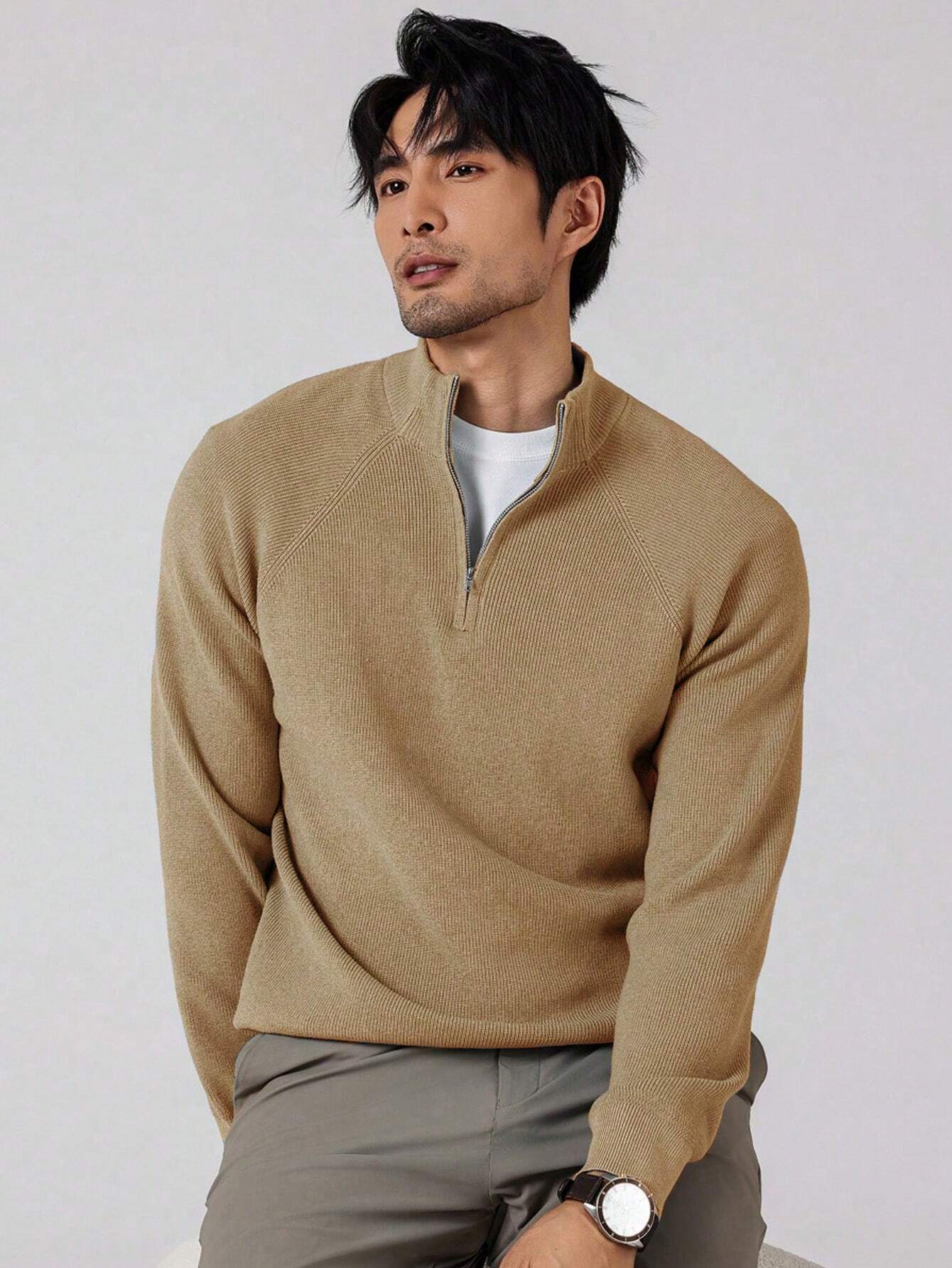 Men slim fit half-zip knit pullover sweater in solid color with classic collar for casual everyday wear