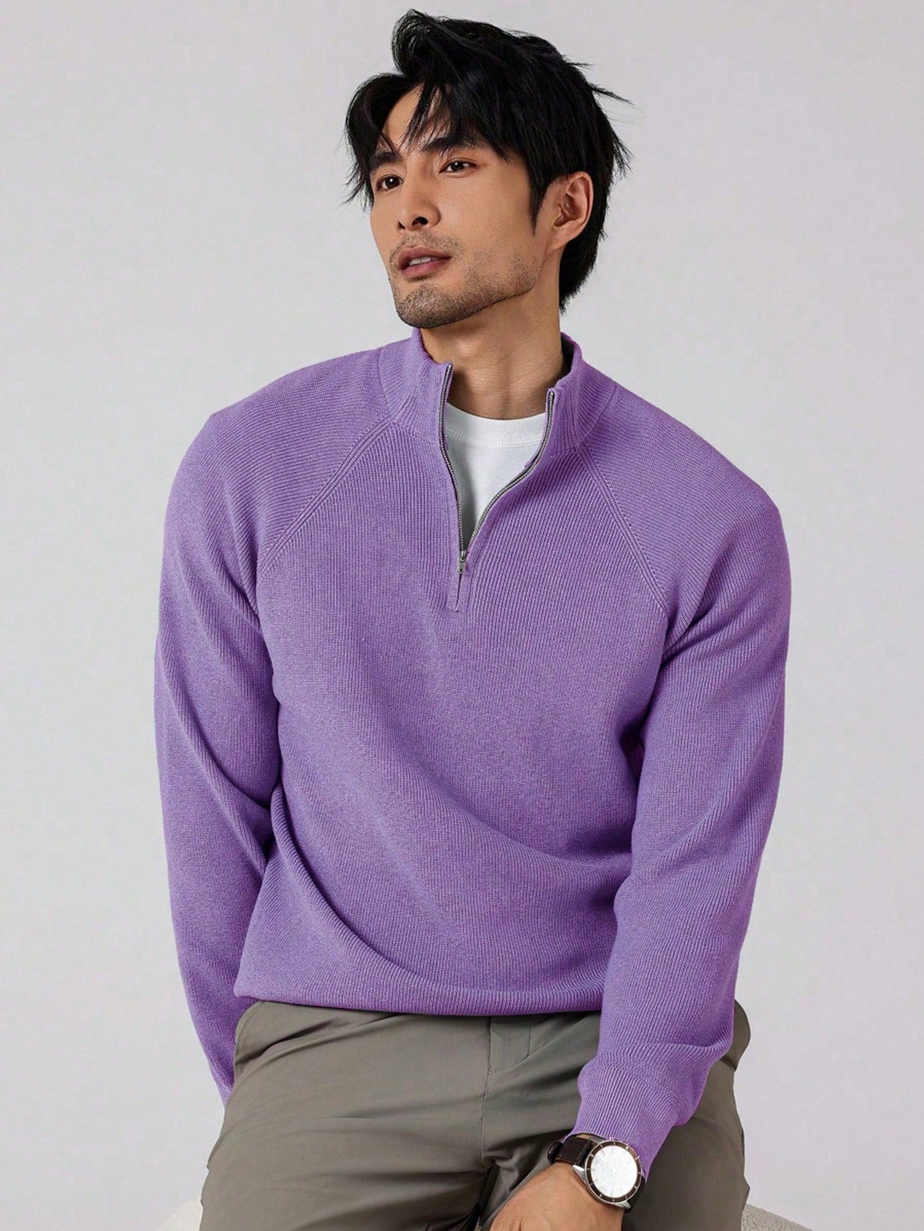 Men slim fit half-zip knit pullover sweater in solid color with classic collar for casual everyday wear