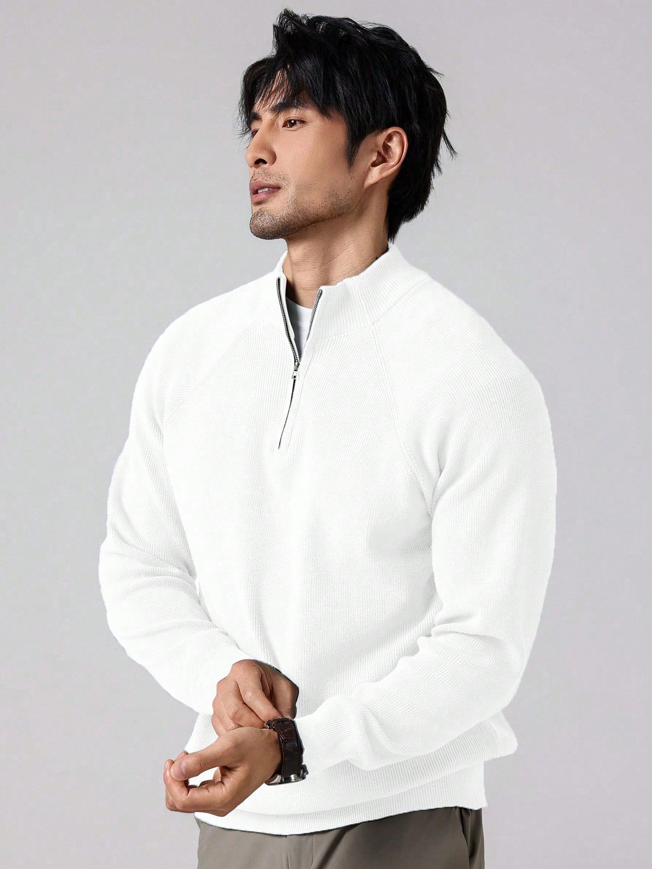 Men slim fit half-zip knit pullover sweater in solid color with classic collar for casual everyday wear