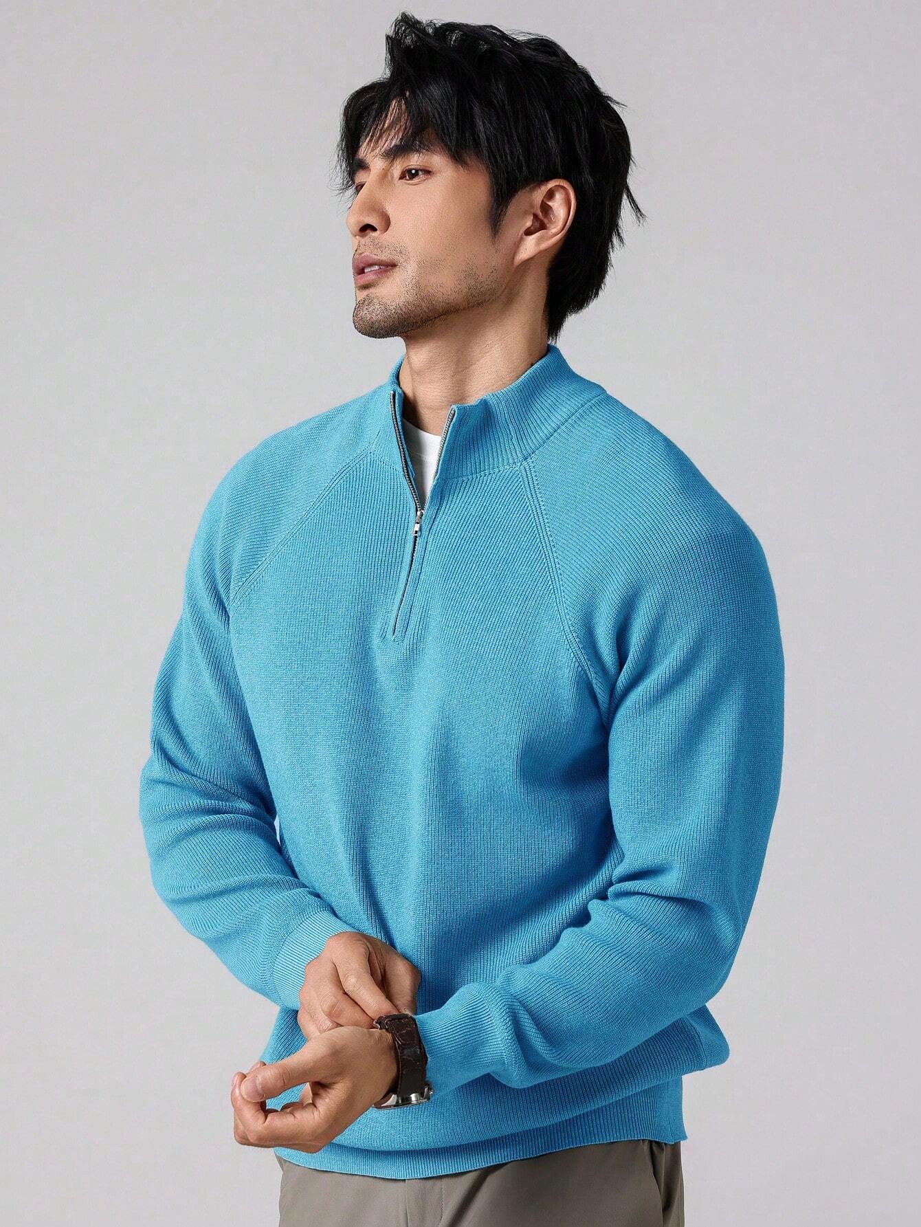 Men slim fit half-zip knit pullover sweater in solid color with classic collar for casual everyday wear