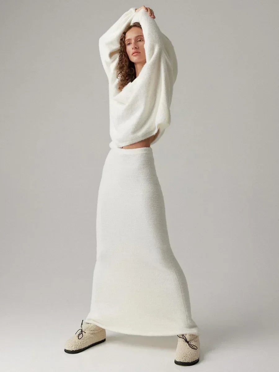 Women's cozy knitted sweater and skirt set, warm V-neck two-piece autumn winter outfit