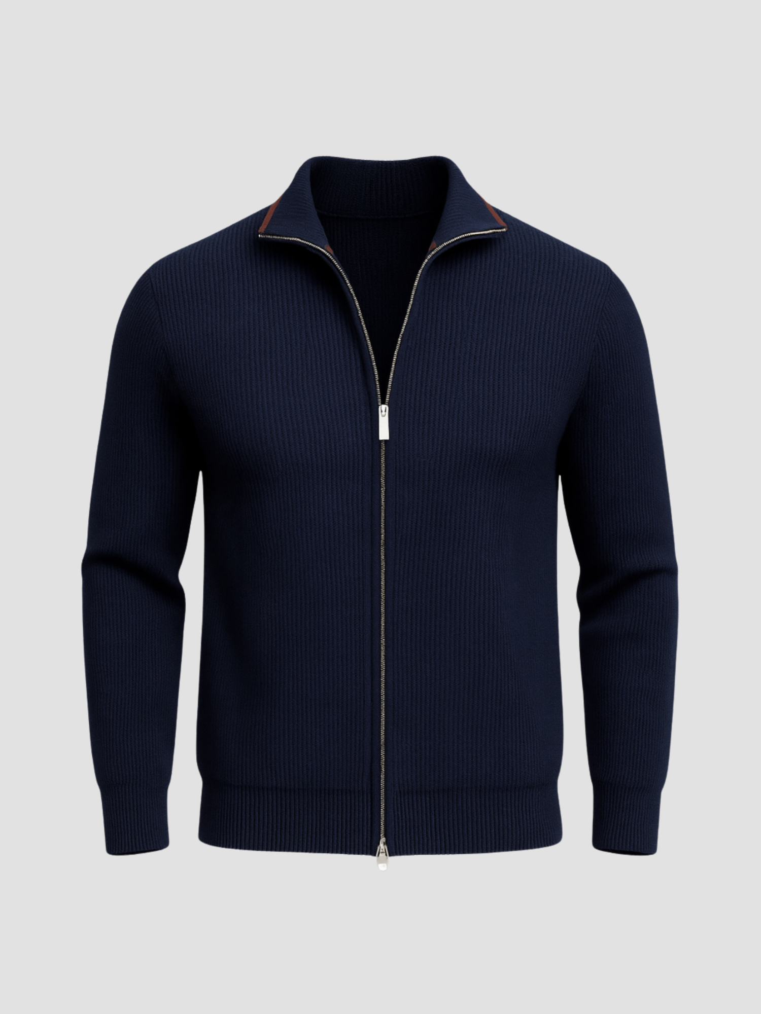 Men's black knit cardigan with full-length zipper and contrasting collar, casual modern fit