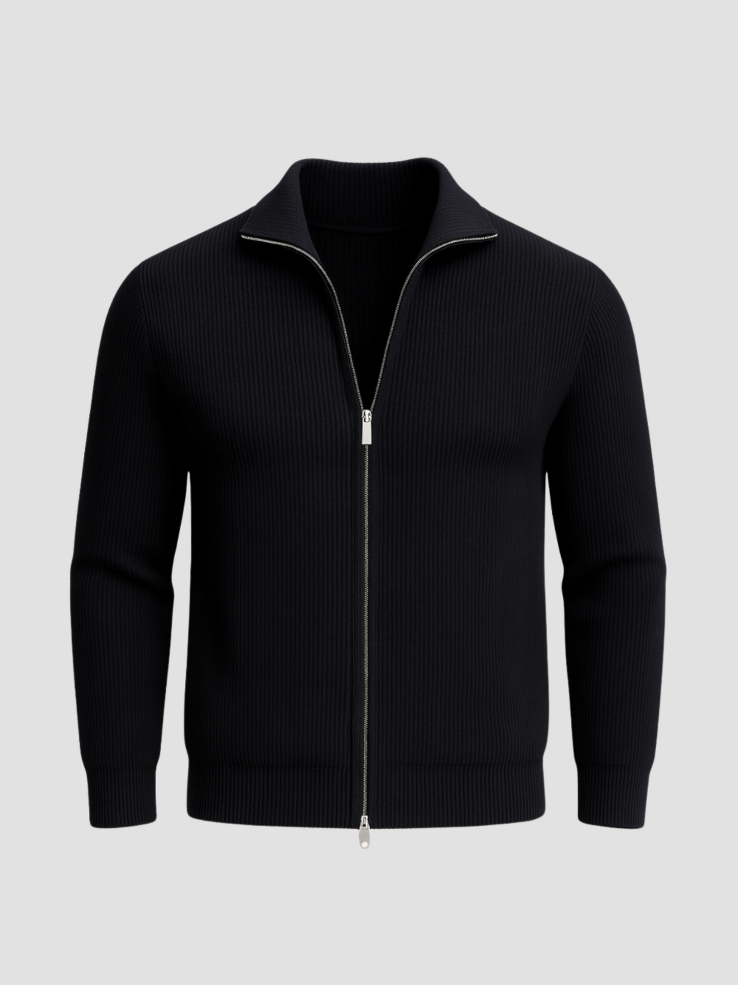 Men's black knit cardigan with full-length zipper and contrasting collar, casual modern fit