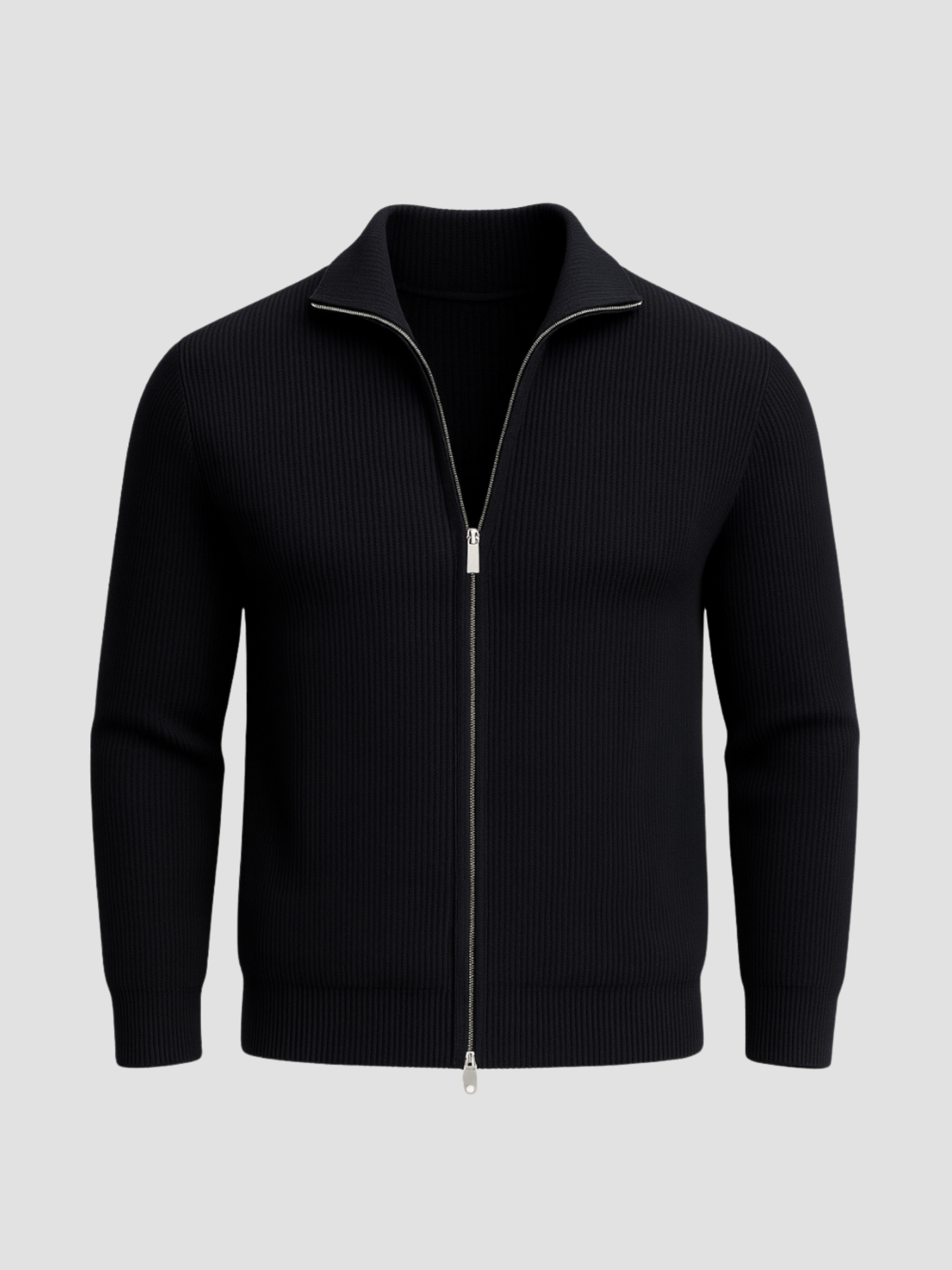 Men's black knit cardigan with full-length zipper and contrasting collar, casual modern fit