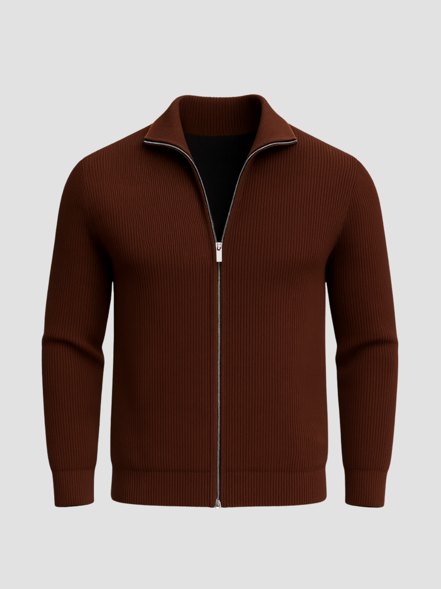 Men's black knit cardigan with full-length zipper and contrasting collar, casual modern fit