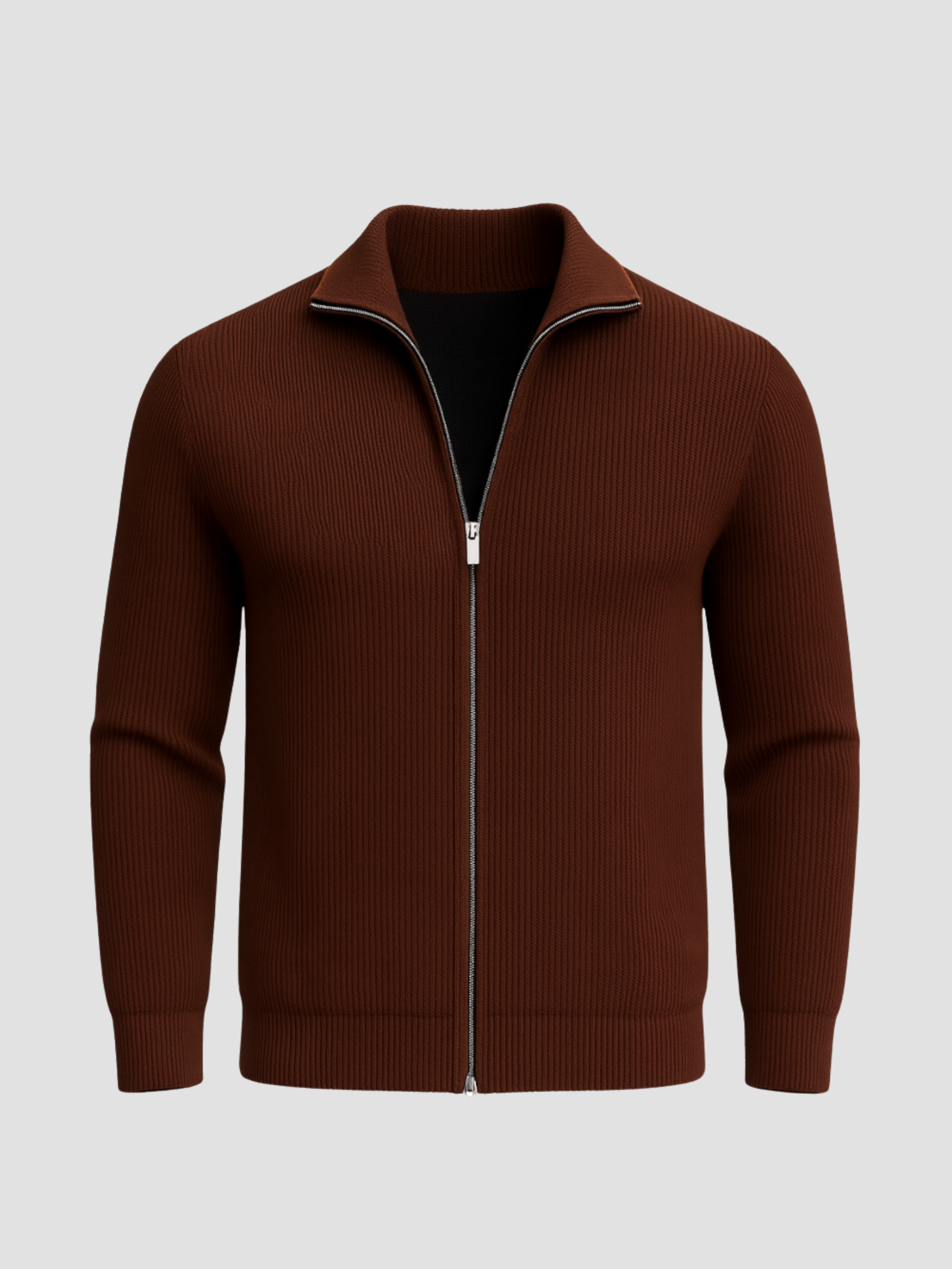 Men's black knit cardigan with full-length zipper and contrasting collar, casual modern fit