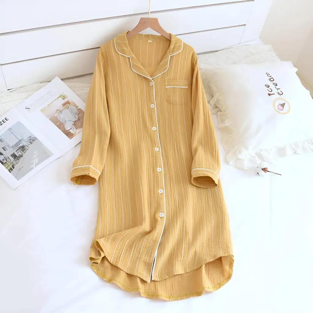 Women's striped cotton gauze nightgown, long sleeve knee-length plus size breathable loungewear sleepwear