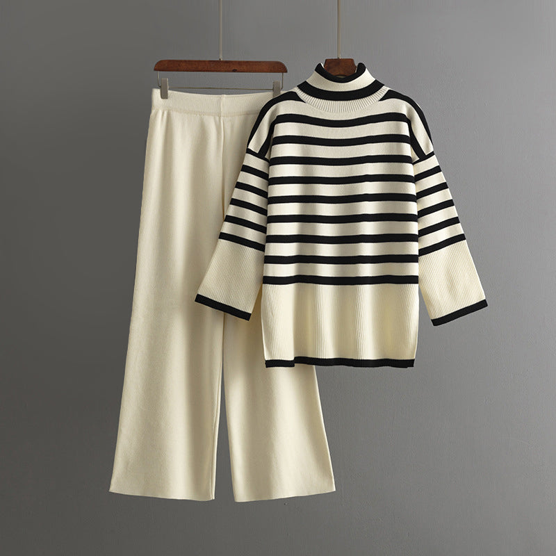 Striped knit matching set turtleneck sweater wide-leg pants cozy viscose blend cold weather chic