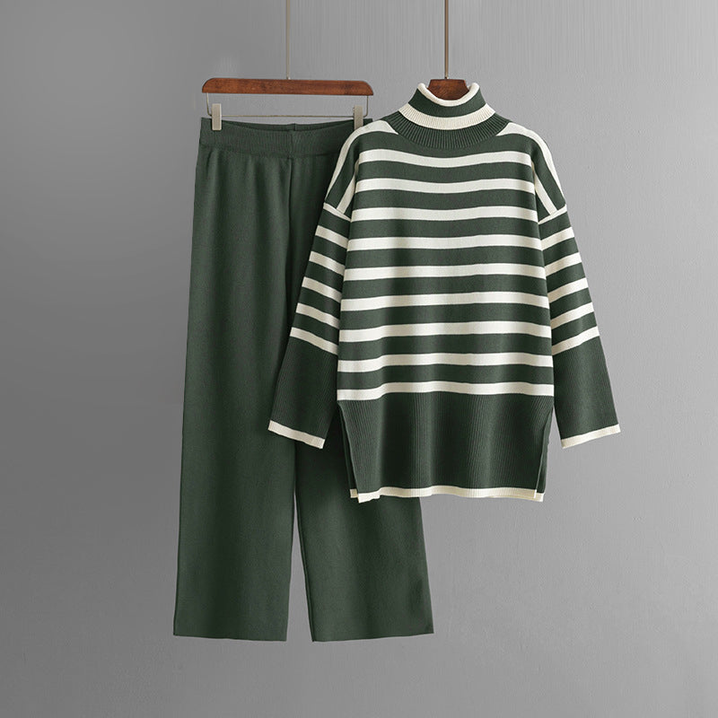 Striped knit turtleneck sweater and wide-leg pants set in multicolor cozy viscose blend