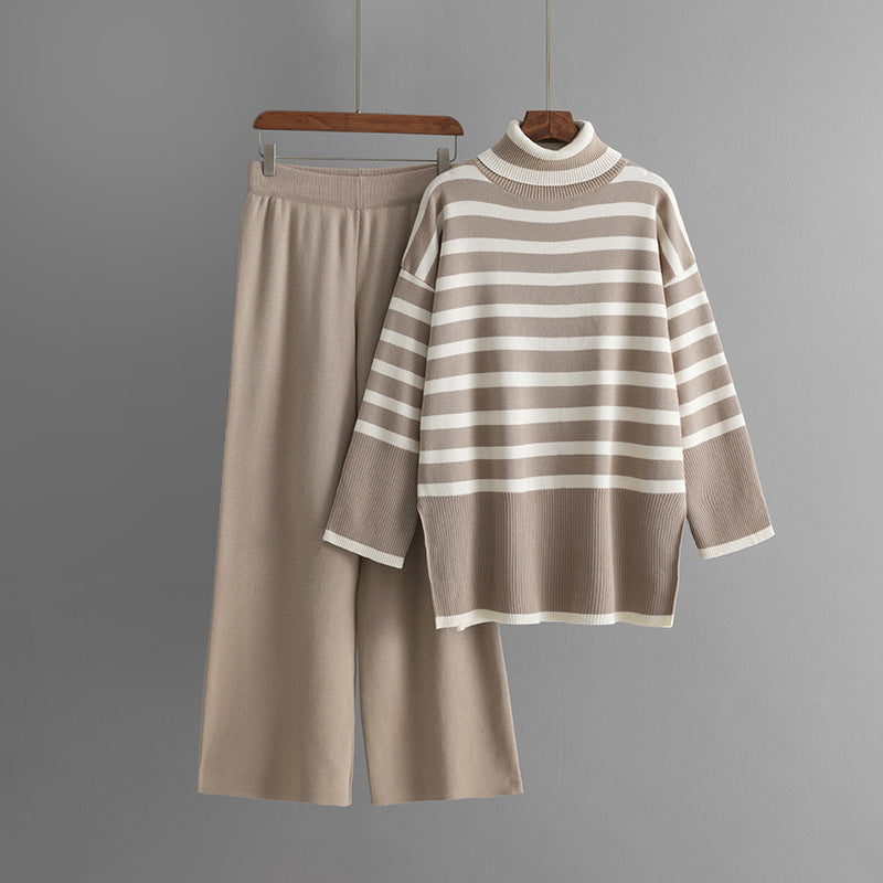 Striped knit coord set turtleneck sweater wide-leg pants cozy viscose blend cold weather chic