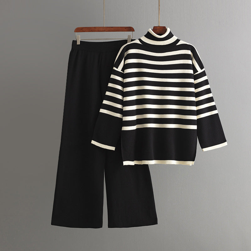 Striped knit co-ord set turtleneck sweater wide-leg pants cozy viscose blend cold weather chic