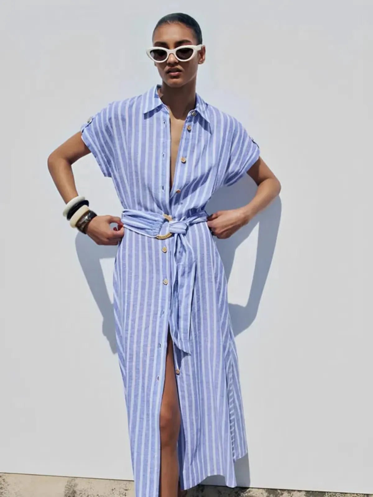 Striped linen-blend maxi dress with belt, button-down front, short sleeves, office-ready relaxed fit