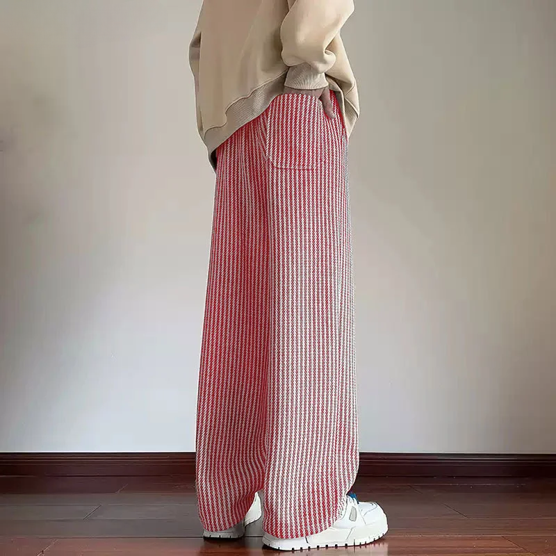 Black herringbone knit ultra-wide leg pants oversized fit elastic drawstring waist streetwear