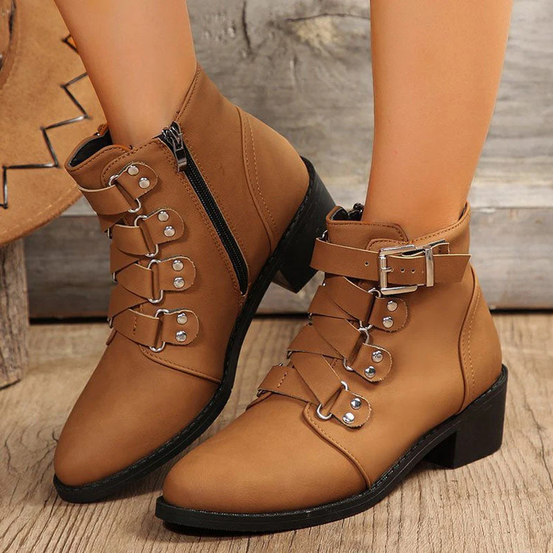 Women's black faux leather ankle boots block heel buckle straps side zipper elegant booties