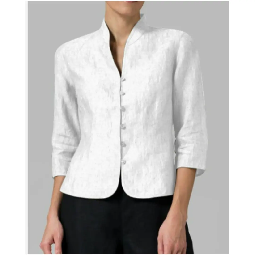 Women's structured mandarin collar blouse tailored fit elegant button-down front versatile