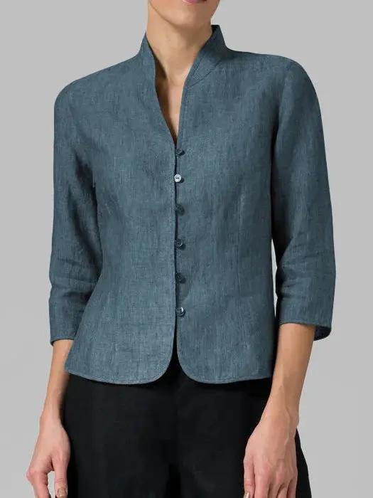 Women's structured mandarin collar blouse tailored fit elegant button-down front versatile style