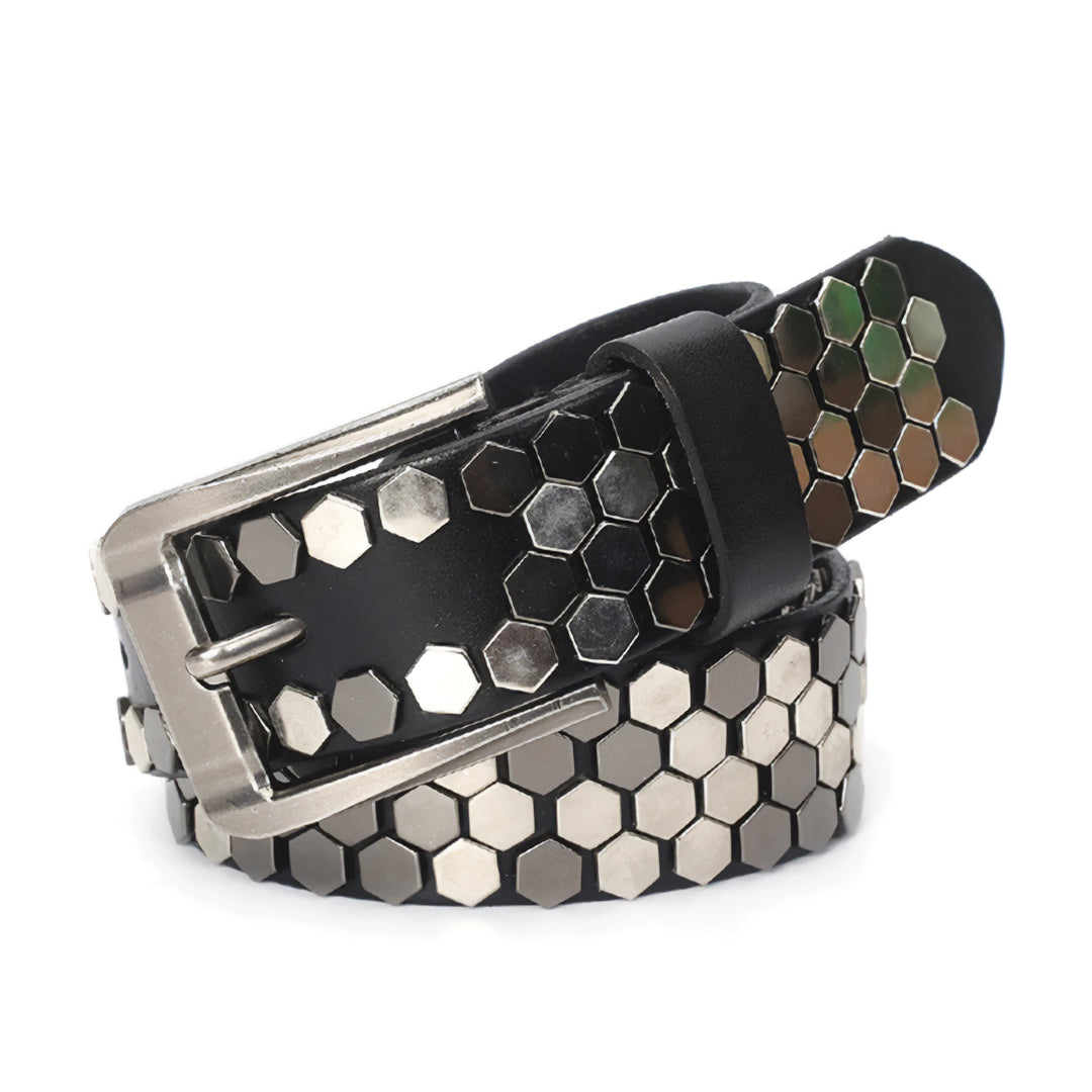 Genuine leather studded belt with steel buckle, punk rock unisex accessory in classic black