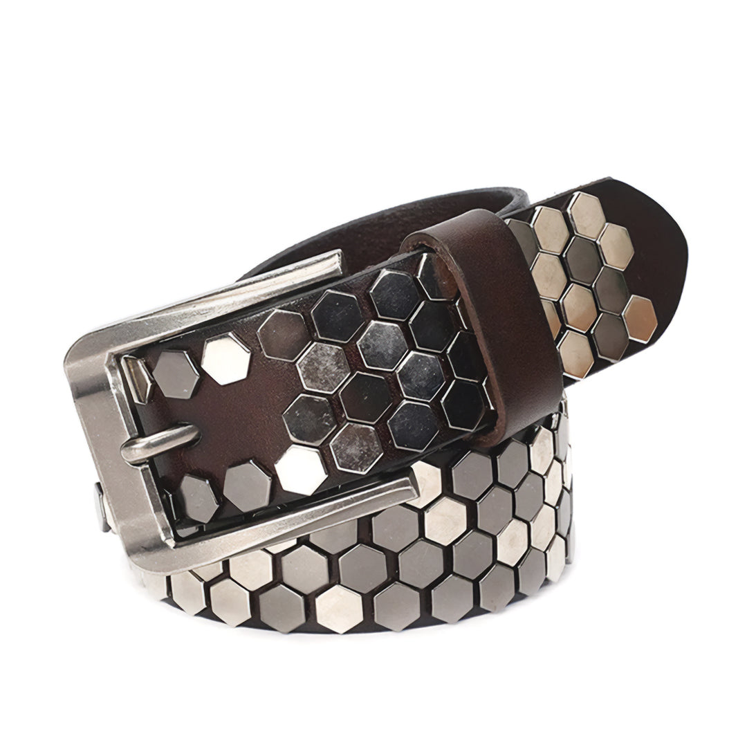 Genuine leather studded punk belt with steel buckle, bold unisex rock accessory in classic black