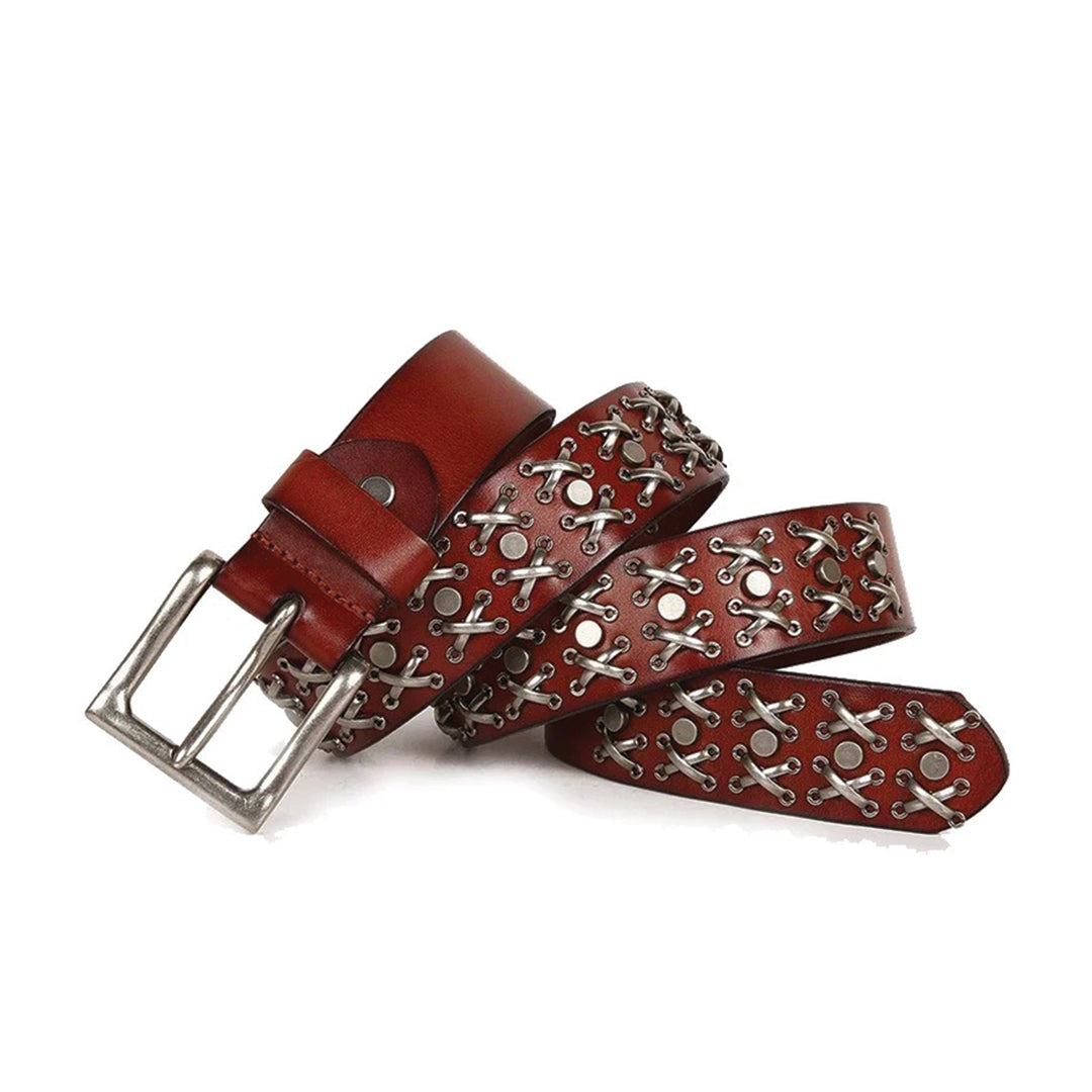 Men's brown genuine leather western belt with steel studs and steel alloy buckle modern edge