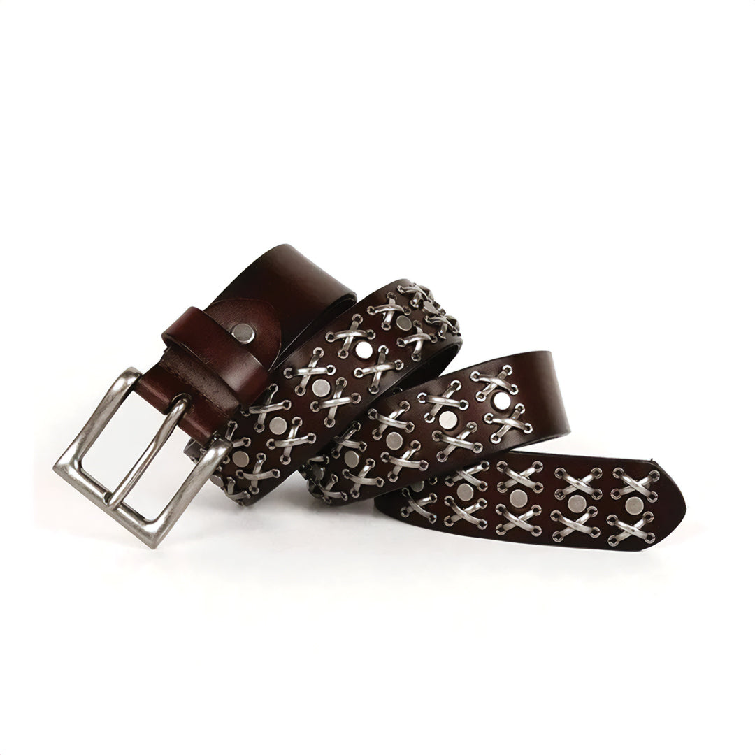 Men's brown genuine leather western belt with steel studs and steel alloy buckle modern edge