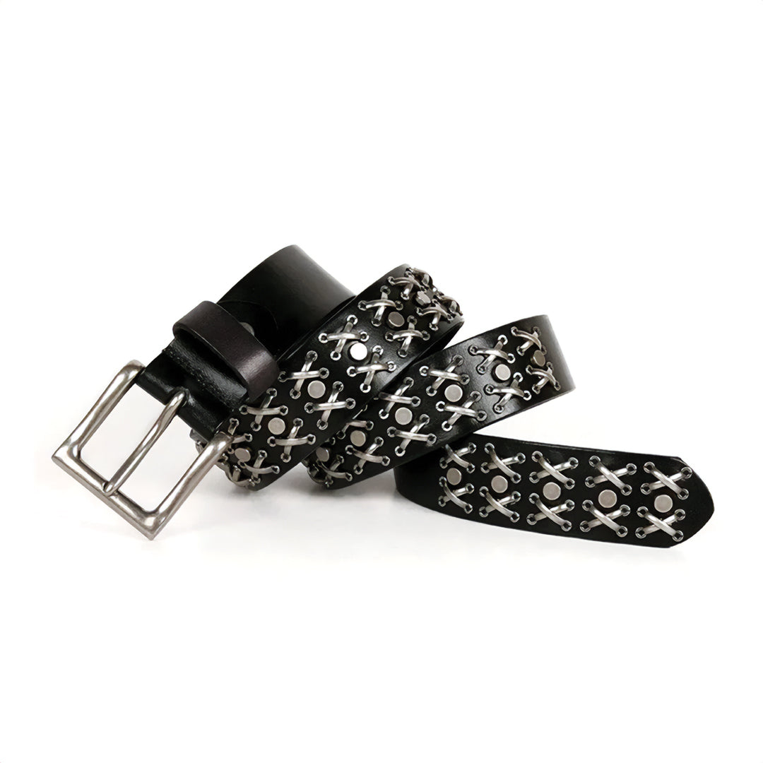 Men's genuine leather western belt in tan with steel studs, classic cowboy buckle, modern edge
