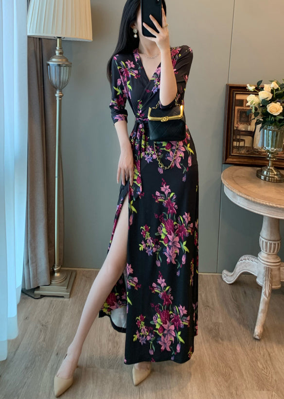Robe de vacances d'été noire à imprimé nouée à la taille - Urbann-Vibe
