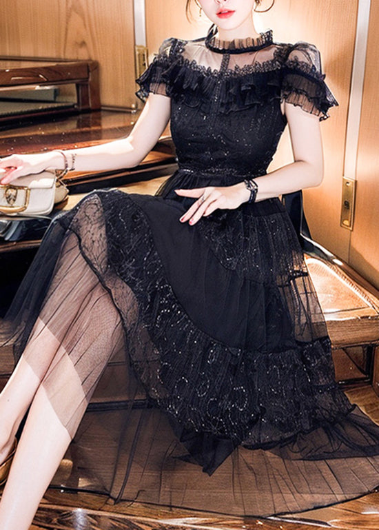 Robe noire en tulle brodée à volants style patchwork pour l'été - Urbann-Vibe