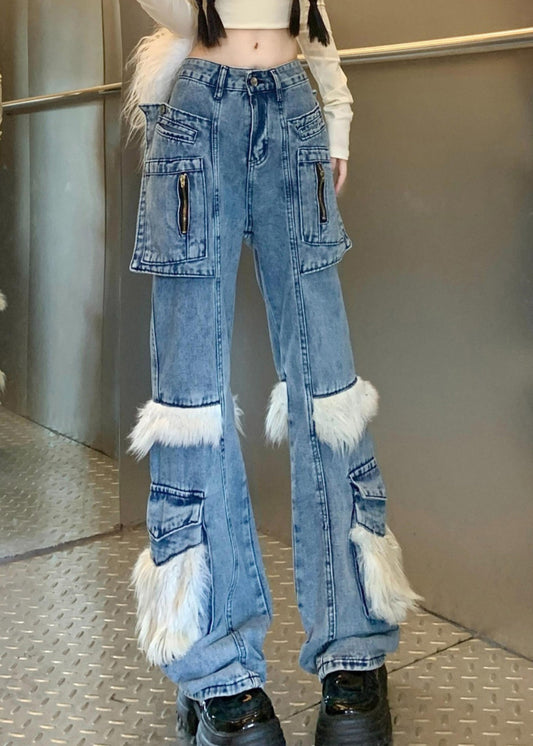 Pantalon évasé en denim avec poches bleues et fourrure duveteuse, style printemps - Urbann-Vibe