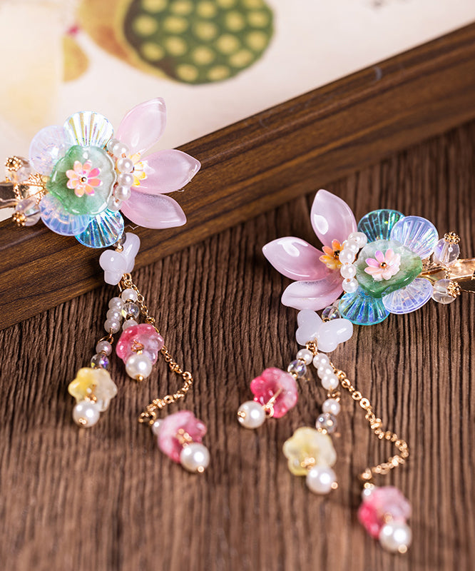 Paire d'épingles à cheveux multicolores en alliage avec perles et pompons floraux pour enfants - Urbann-Vibe
