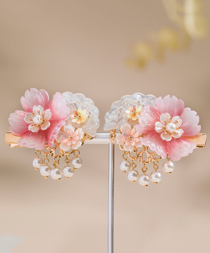 Paire d'épingles à cheveux style fille, pompon en résine et perles, en cuivre rose surdoré - Urbann-Vibe