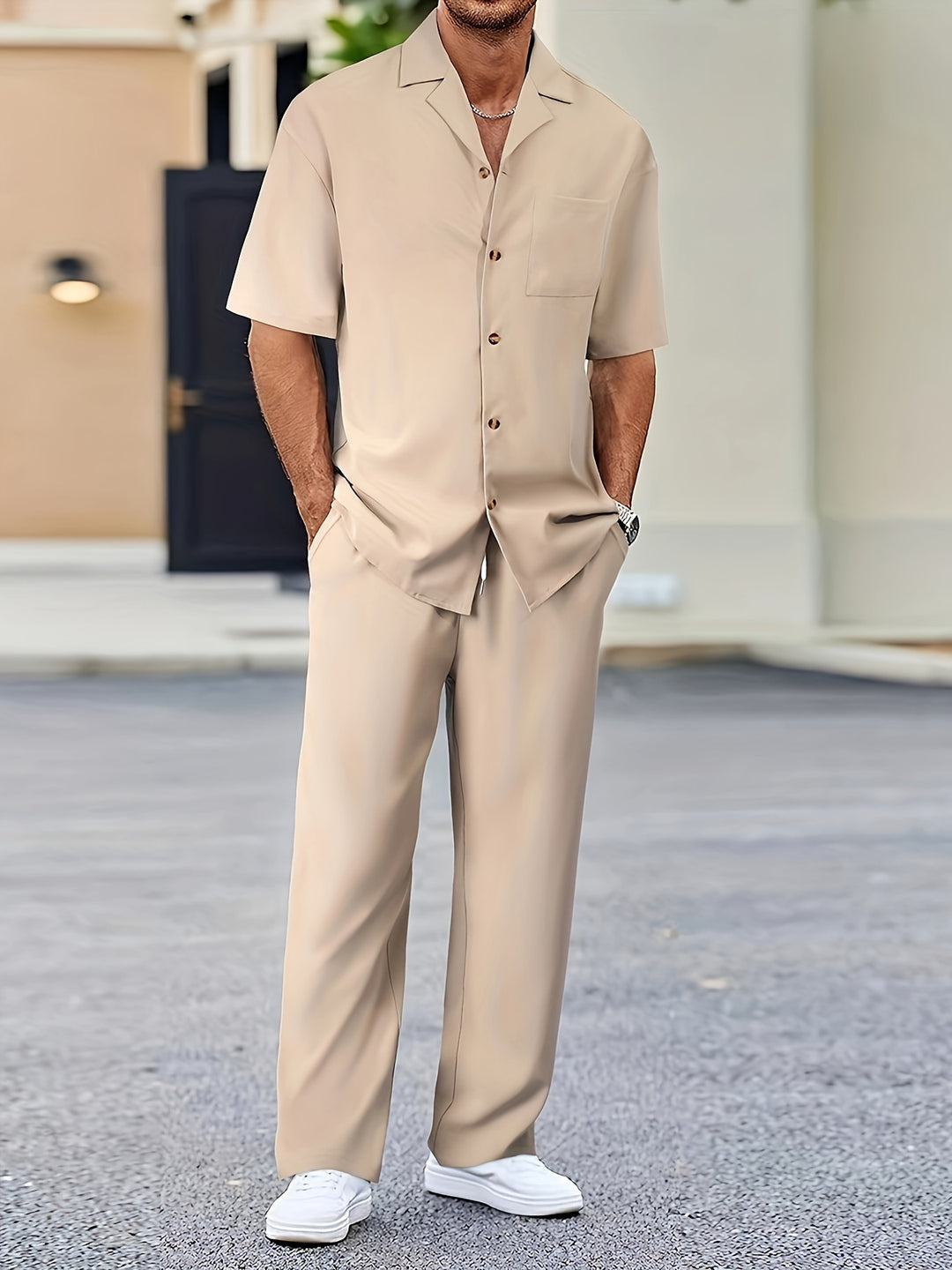 Men's casual suit set short sleeve shirt loose pants elegant lightweight polyester summer look