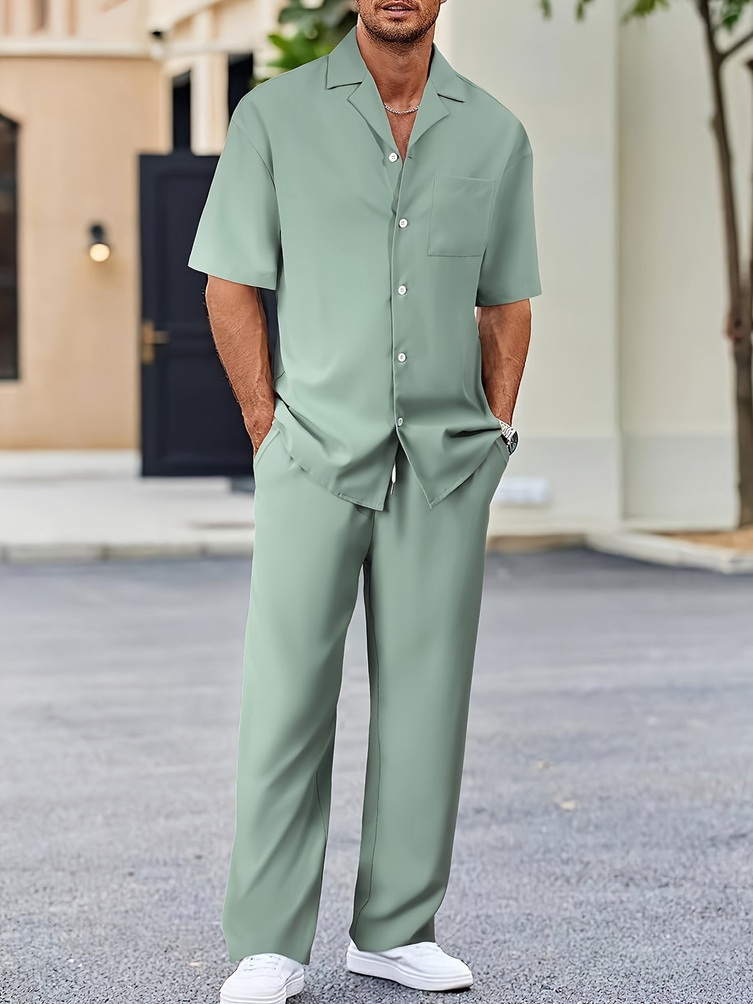 Men's casual suit set short sleeve shirt loose pants lightweight polyester smart-casual style