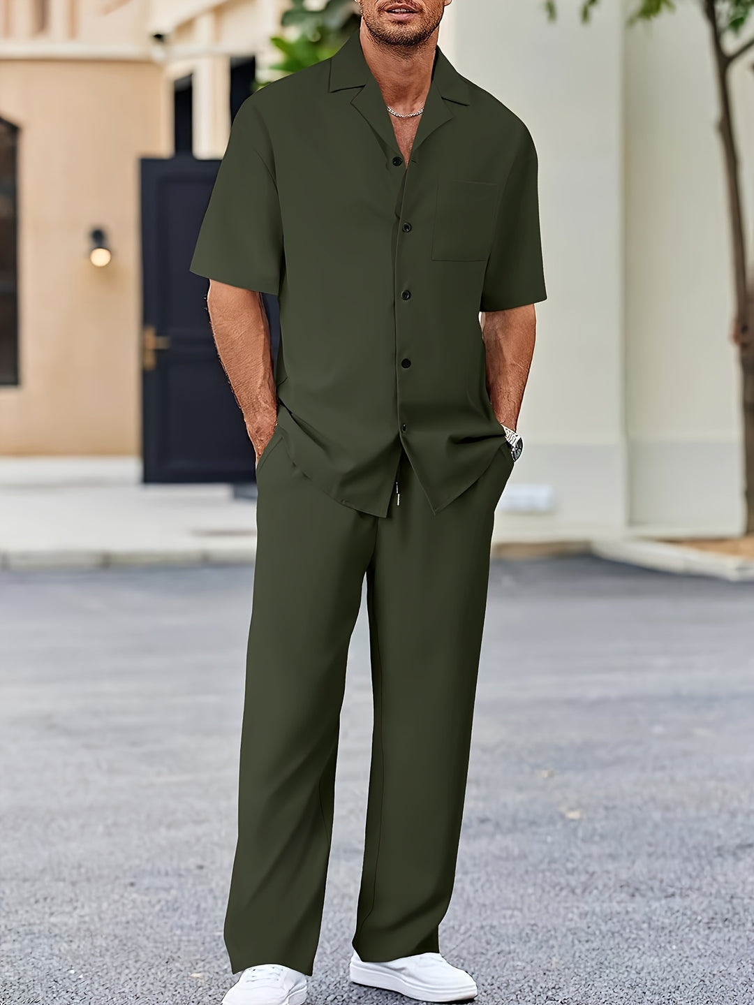 Men's casual suit set short sleeve shirt loose pants elegant smart-casual polyester lightweight summer