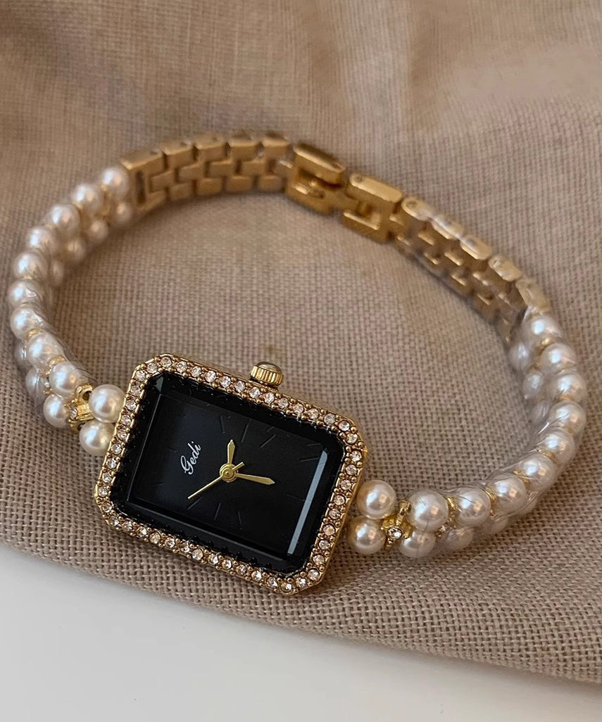 Montre élégante en métal noir avec chaîne carrée et perles - Urbann-Vibe
