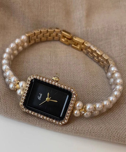 Montre élégante en métal noir avec chaîne carrée et perles - Urbann-Vibe