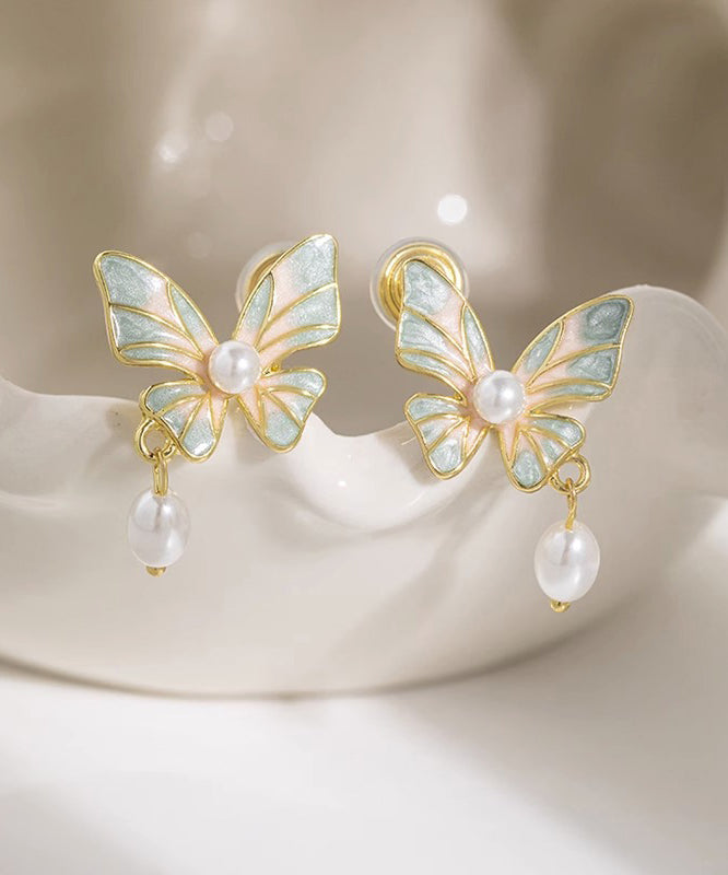 Boucles d'oreilles pendantes élégantes en cuivre bleu surdoré avec perles et pampilles en forme de papillon - Urbann-Vibe