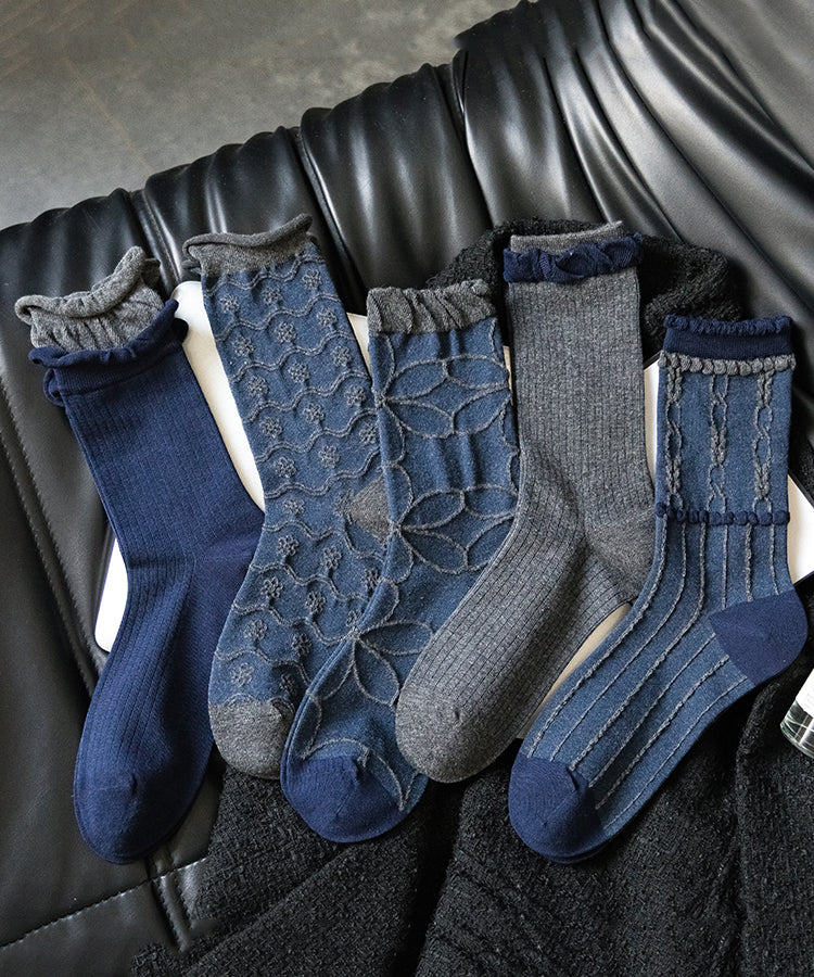Chaussettes mi-mollet élégantes en coton jacquard bleu - Urbann-Vibe